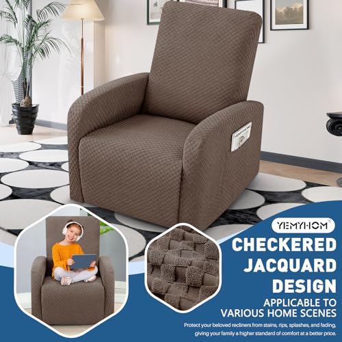 Image of YEMYHOM 3 Pieces Stretch Recliner Slipcover Jacquard Small Recliner Chair Cover with Side Pocket Anti-Slip Fitted Furniture Protector with Elastic Bottom (X-Small Recliner, Light Coffee)