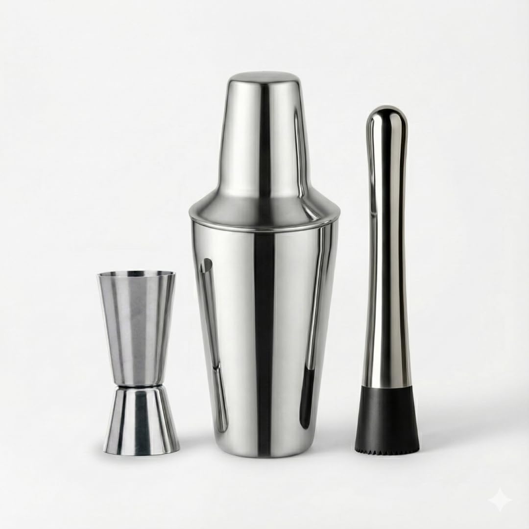 I'M Naturals Premium 3-Piece Cocktail Shaker Set 500ml Stainless Steel Bar Kit with Built-in Strainer, Mojito Muddler & 30/60ml Dual Peg Measure Jigger Bartender Tool for Home Parties Gifting (Silver)-image-25