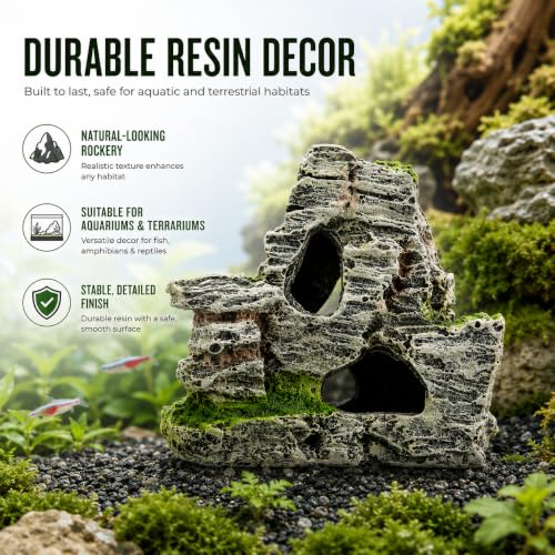 Image of Resin Aquarium Mountain Decor with Moss Rock Cave - Multi-Level Terrain for Fish Tank Landscaping, Natural-Looking Rockery Design with Hidden Cave and Crevices for Shrimp, Reptile Habitat Aquascaping