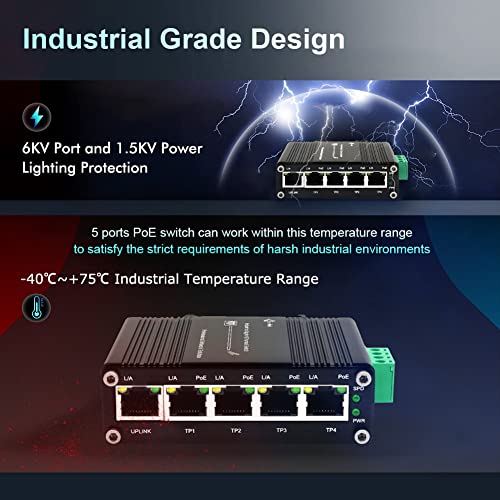 Image of Mini Industrial 5 Ports Gigabit PoE Switch - Hardened RJ45 10 /100 /1000Mbps 802.3at 30W /Port Ethernet Din Rail Mount PoE+ Unmanaged 10Gbps Switching Capacity
