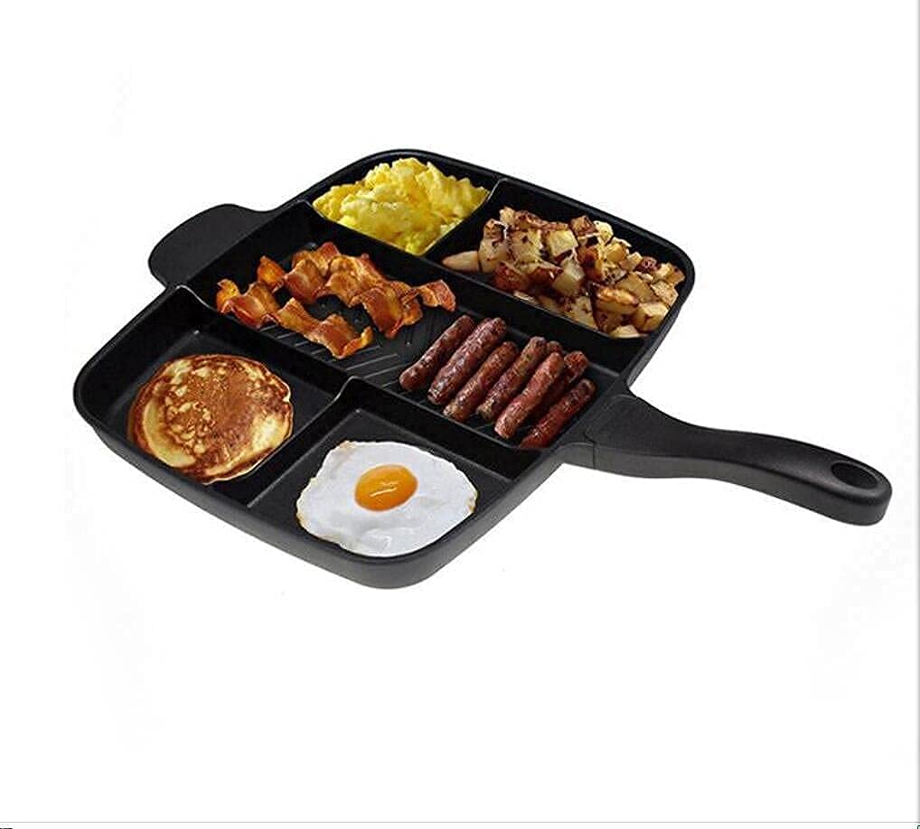 Professional Breakfast Skillet Frying Pan Multi Section Divided Non-Stick 5 In 1 Pan Cast Aluminum Skillet (30 x 38 cm / 12 x 15 inches) - One Pan Able to Cook five different food at Once!