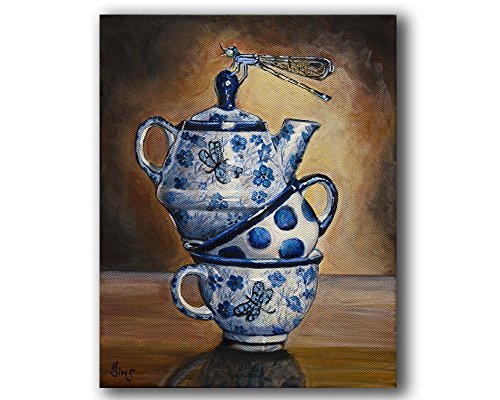 Polish Pottery Dragonfly Teacups Stacked Wall Decor Art Print Rustic Blue Kitchen Home Decor, Size Mat Option