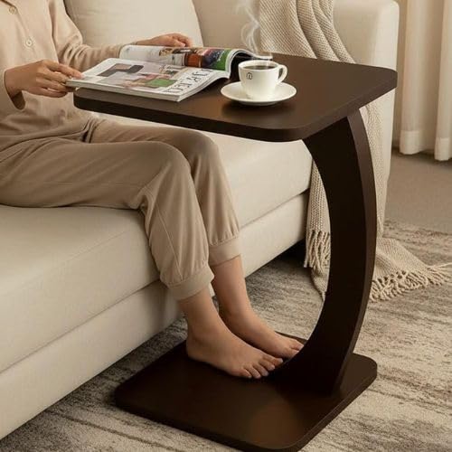 Image of Modern C-Shaped Side Table for Sofa & Bed - Multi-Purpose Laptop Table, Snack Holder, Book & Plant Stand - Compact & Sturdy Bedside Table (Dark Brown,)