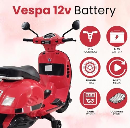 Image of Vespa 12V Battery Operated Rechargeable Ride-On Scooter for Kids with Remote | Electric Scooty for Girls & Boys (1-6 Years, Red), Music, Lights, USB, Safety Wheels