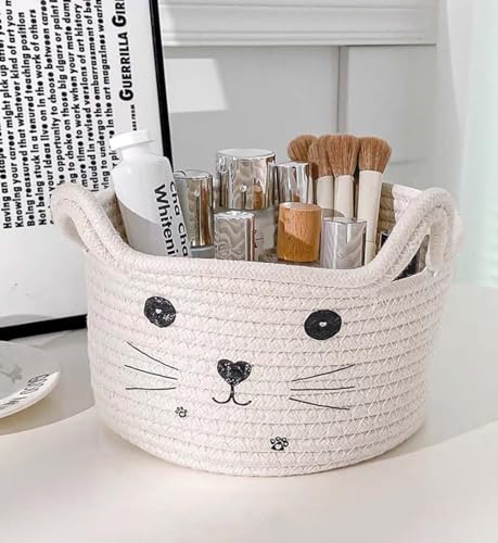 Image of Cat Basket Storage Woven Basket Organizer with Ears Decorative Cute Pet Toy Basket Cotton Rope Basket for Gifts Cartoon Baby Nursery Basket 8.3 x 4.7 inches,White