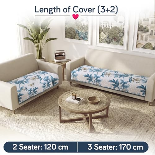 Image of HOKIPO 'Homehues Series' Printed Quilted Sofa Cover Mat for 5 Seater - (3+2), Celadon Blue Camellia (IN-807 + IN-809 - D8)