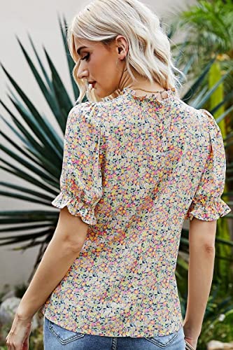 Image of Shasmi Women's & Girl's Polyester Pleated High Neck Short Puff Sleeve Ruched Bust Solid Regular Fit Top