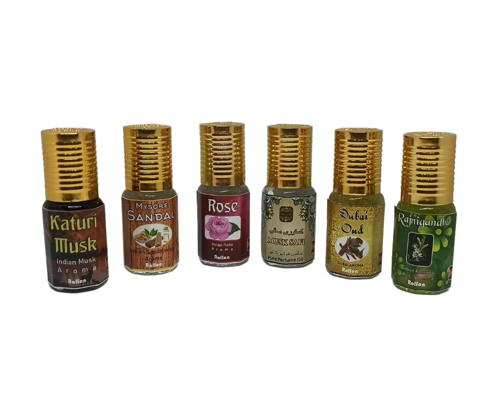 Image of INDRA SUGANDH BHANDAR Attar For Men Combo 3ml Rollon (Original Kasturi,Real Sandal,Real Rose,Musk Safi,Dubai Oud,Rajnigandha) Luxury Perfume Set Long Lasting & Alcohol Free Ittar /itra (Pack Of 6)