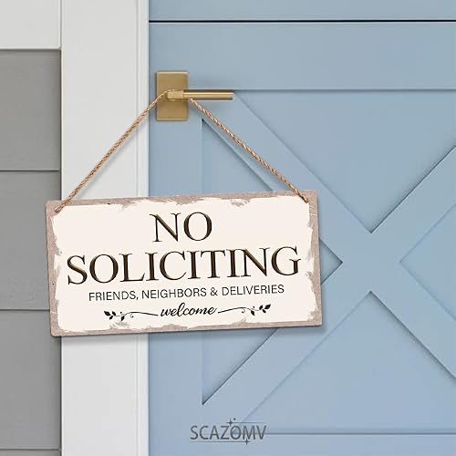 Miniatura 4 de SCAZOMV No Soliciting Family Friends Neighbors Deliveries - Cartel de bienvenida divertido de madera rústica para puerta delantera, estilo vintage,