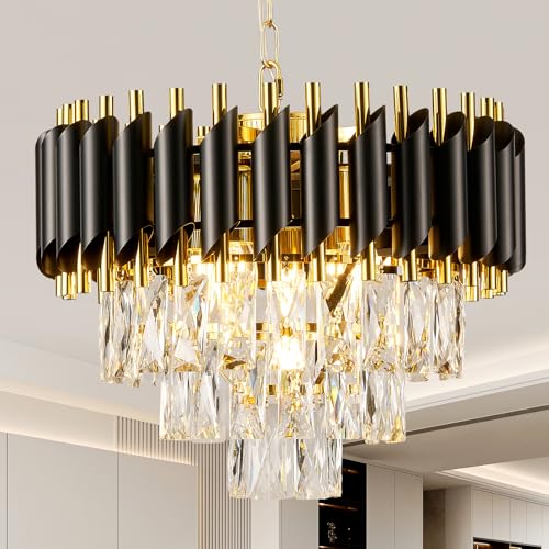 HARPER LIVING Crystal Chandelier, Modern Pendant Ceiling Light with 3-Tier Crystals, Black & Gold Finish, 35-135CM Height Adjustable, 5xE14 Hanging Lamp for Living Room Dining Room Bedroom
