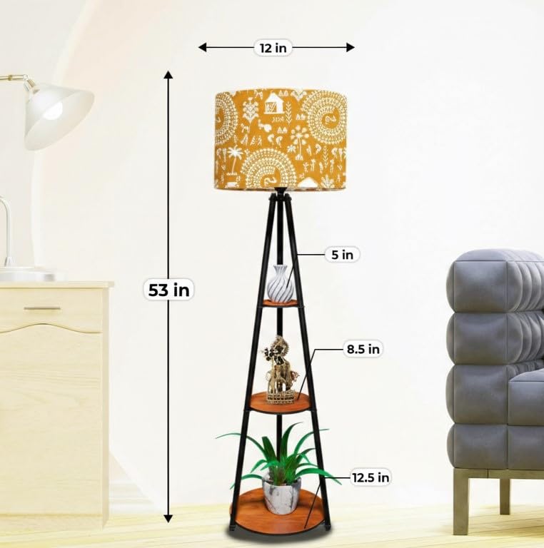 Image of Rellon Floor Lamp with 3 Storage Shelves, Metal FloorLamp for Living Room Standing Home Decoration FloorLamp Shade Reading for,Office,Kitchen,Bedroom (A8)