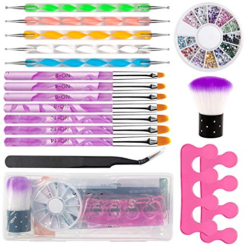 Acrylic Nail Brush Set, Feugole 17Pcs UV Gel Nail Art Tips Builder Painting Brushes Pen Set, Double Ended Nail Dotting Pen,Finger Toe Separators, Brush Powder for Nail Art Dust Remover