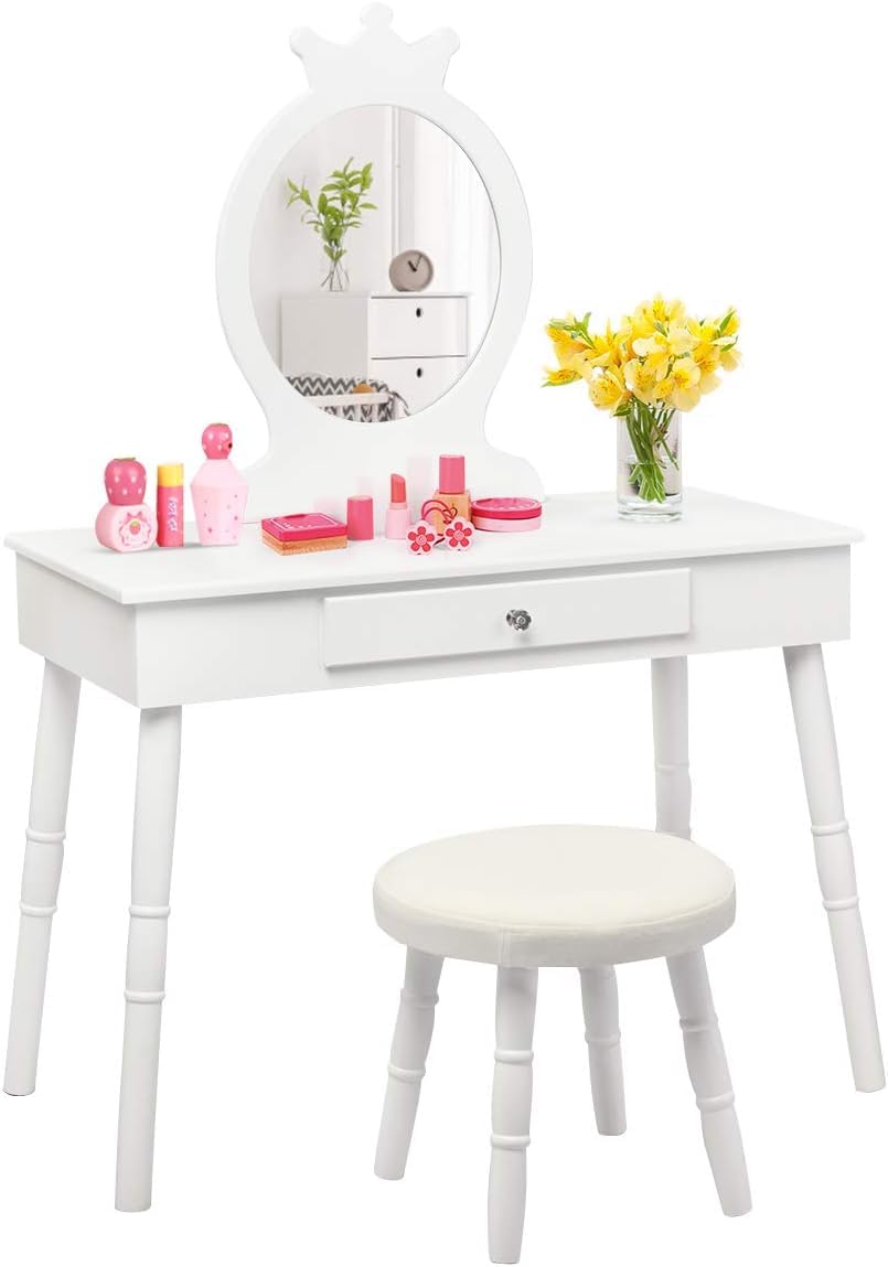 FANTASK Tocador Infantil 2 en 1, tocador y Escritorio con Espejo y Taburete Desmontables, Color Blanco