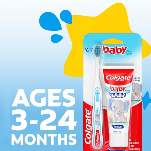 Image of Colgate Baby Toothbrush and Baby Training Toothpaste, First Toothbrush for Ages 3-24 Months with Extra Soft Bristles, Mild Bubblefruit Flavor, Fluoride Free and Sugar Free Formula, Safe if Swallowed