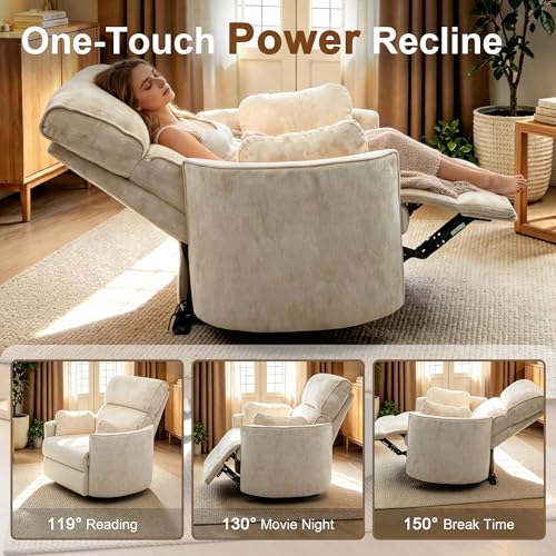 Image of 450lbs Oversized Power Recliner Chair for Big & Tall Adults, Extra Wide Electric Chair with USB & Type-C Ports, Chenille Single Sofa with Pillows for Living Room, Bedroom, Beige