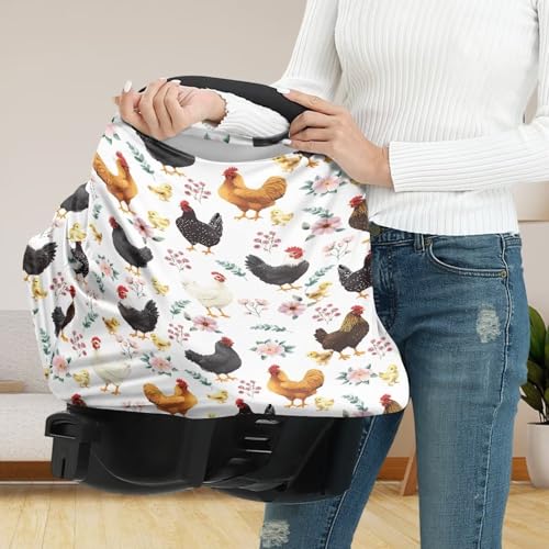 Image of Binienty Babies Car Seat Cover - Rooster Floral Car Seat Covers for Baby Girls Boys Stretchy Multi-Use Breastfeeding Scarf for Moms, Newborn Essentials Baby Shower Gifts