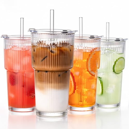 GOSCHE 20oz Glass Tumblers with Straws and Lids, Ribbed Iced Coffee Cups Leak-proof, Dishwasher Safe, Thickened Glass Cups with Lids Ideal for Coffee and Travel, Clear, 4 Pack