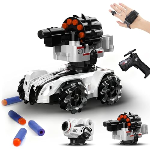 Gkstly Voiture Télécommandée, 2.4GHz Gesture RC Car 360° Rotation Drifting 4WD Battle Stunt Car 2 tourelles remplaçables Musique Télécommande Tank Blow Bubble Shoot Mousse Fléchettes Jouet Cadeaux