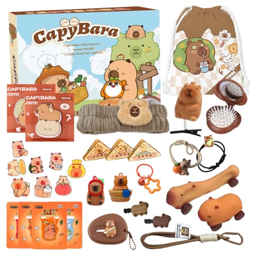 Image of PATPAT 31 Pcs Kawaii Capybara Gift Box 12 Categories Merchandise Collectible Gift Box Blind with Doll, Plush, Ropes Clips Necklace Wallet Keychain Nails Stickers