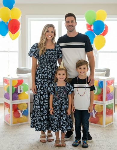 Image of PATPAT Family Matching Outfits Mommy and Me Dresses Floral Dress & T-Shirts | Mommy and Me Easter Dresses, Puff Sleeve Floral Sundress, Cotton Blend T-shirts, Couples Party Wedding Vacation Outfits