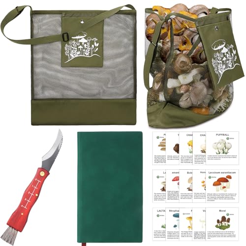 Seajan 18 Pcs Mushroom Foraging Kit with Hunting Bag Knife Brush Guide Cards and Notebook for Mushroom Lovers(Army Green)