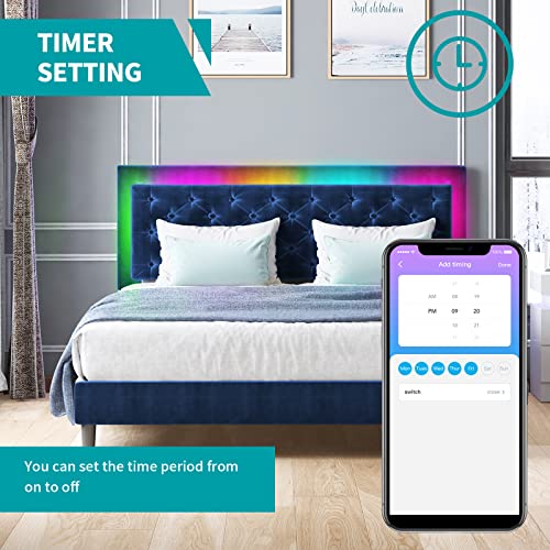 Balus Led Bed Frame/Velvet Upholstered Platform Bed Frame With Rgb Led Headboard /Music Sync Color Changing Led Light Strips&Compatible With Alexa Or App/Wood Slat Support/Easy Assembly(Queen, Blue) #TOP5