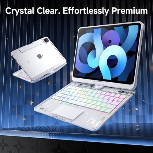 Image of Clear Keyboard Case for iPad Air 11 Inch (M4 /M3 /M2, 2026 /2025 /2024) / iPad Air 5th /4th Generation 10.9 inch / iPad Pro 11 inch 1st /2nd /3rd /4th, Trackpad, Pencil Holder, 7-Color Backlit, Rotatable,White
