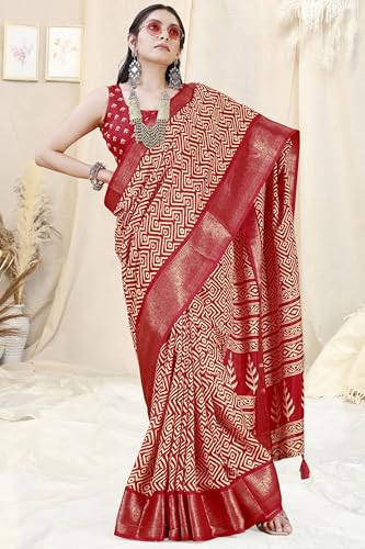 Image of MIRCHI FASHION Women's Cotton Blend Bagru Batik Blocks Printed Saree with Blouse Piece