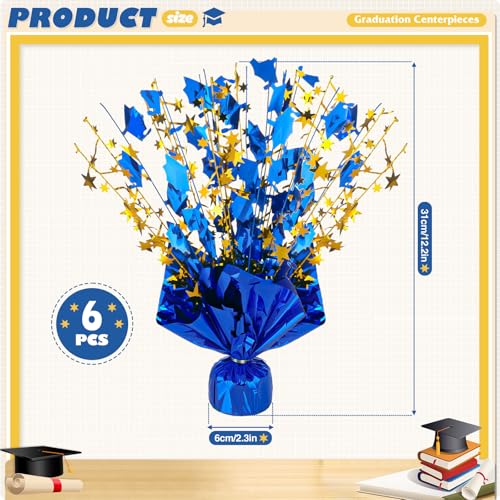 Image of 6 Packs Graduation Decorations Centerpieces for Tables Metallic Foil Star Graduate Cap Burst Tabletop Display in Blue and Gold for 2026 Grad Ceremonies Celebrations Party Decor Supplies 12 inch
