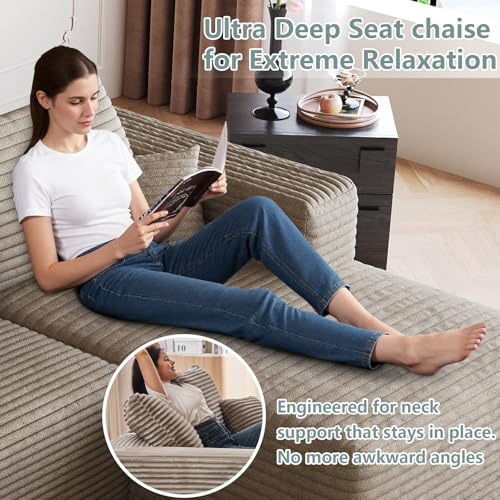 Image of 95 inch Modular Sectional Sofa, Modern Corduroy Cloud Couch with Side Pockets, Boneless Couch Upholstered 3-Seater L-Shaped Sofa for Living Room, No Assembly Required (Camel,Right-Facing Chaise)