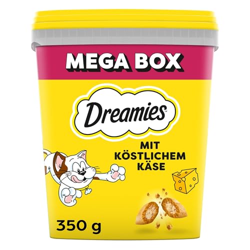 DREAMIES Katzensnacks - 2x350g - mit Käse - Traumhaft knusprige Katzen Leckerlies mit zarter Füllung - Mega Box