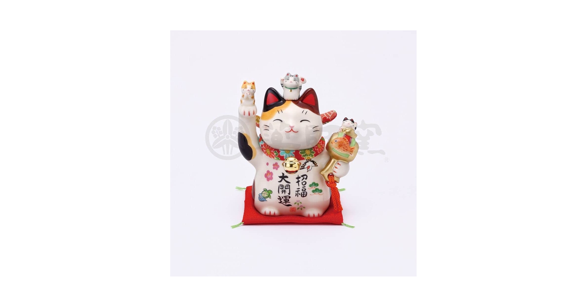 薬師窯 彩絵 招福大開運招き猫 (ちりめん 首輪.座布団付き) 置物 彩絵招福大開運招き猫(ちりめん首輪付・4号) – 中外陶園