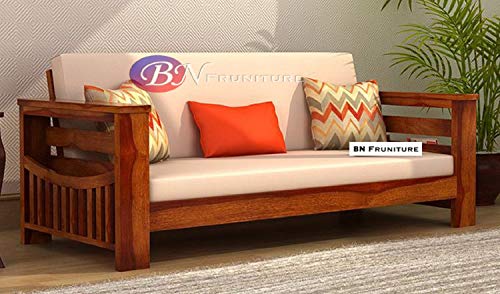 Image of BN Furniture Solid Sheesham Wood Sofa Set 6,5,3 & 2 Seater | Wooden Sofa Set with cushioned back for Living Room Stylish, Durable & comfortable for Home, Office, Hall & Guest Room (style 37, 3 seater)