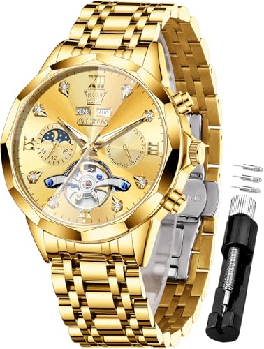 OLEVS Men Automatic Watch Diamond Skeleton Mechanical Luxury Self Winding Moon Phase Calendar Waterproof Wrist Watch for Men