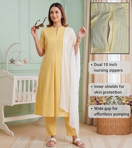 Image of DUMMY SHAPE Feeding Dresses for Women Full Set | Cotton Blend Maternity Kurta Pant Suit with Dual Nursing Zippers, Side Pocket to Pre & Post Pregnancy | Mom to Be Gifts