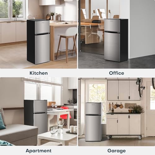 Upstreman 4.0 Cu.Ft. Mini Fridge with Freezer, Dorm Essentials, Double Door, Small Refrigerator for Office, Dorm, Bedroom, Adjustable Thermostat, Large Capacity, Stainless-SR401