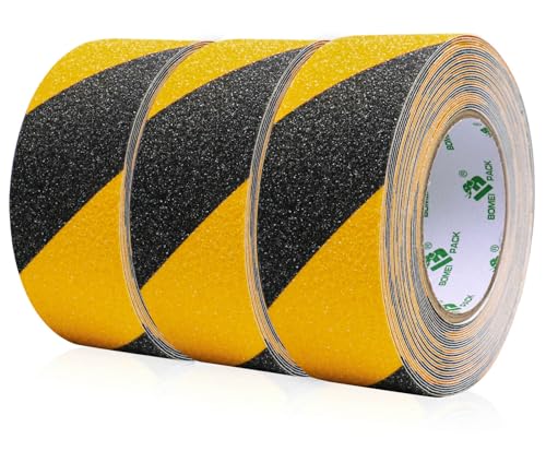 BOMEI PACK 3 Rollo Negro Amarillo Cinta Antideslizante Escaleras, 5cm×10m Antideslizante Cinta Adhesiva,Alta Tracción Cinta Antideslizante Adhesiva,Cinta Adhesiva Antideslizante Escaleras