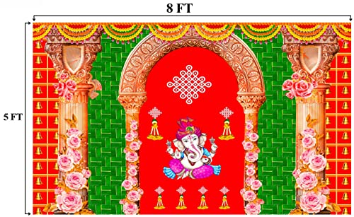 Image of SATVIK 8x5ft. Fabric Backdrop for Indian Pooja Decor Ganpati Photo Traditional Puja Cloth Backdrop Mehndi Diwali Festival Marigold Flower Garland Tulle Curtain Wedding Bridal Baby Shower Wall Banner