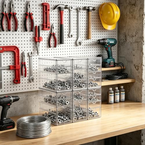 Image of Prsildan Stackable Desk Organizers with 20 Drawers, Craft Storage Drawer | Anti-slip Clear Acrylic Teacher Toolbox, Makeup Vanity Organizer for Nail, Bathroom Kitchen Office Organization, 6 Pack