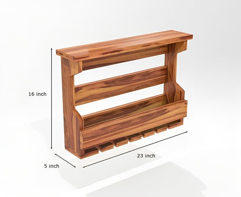 FURNITUREFRY Solid Wood Hanging Personal Mini Bar for Home and Farm House l Bar Cabinet with Glasses Hanging Space l Mini Bar Wine Rack for Home and Personal uses (Teak Finish) 1