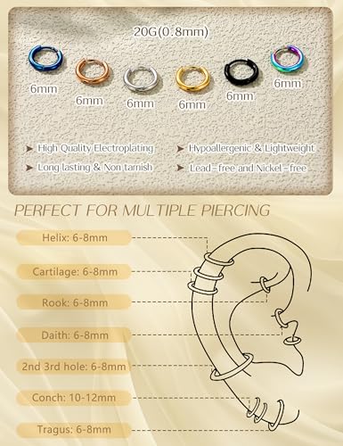 WBDWWTD Kleine Creolen für Damen und Herren, chirurgischer Stahl, Knorpel-Huggie-Ohrringe, eng anliegende Ohrläppchen, Nasenring, Lippenring, Daith-Helix-Piercing-Schmuck, kleine Creolen mit