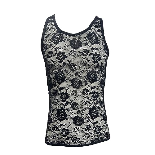 Men's Floral Lace Fitted Muscle Tank Tops Mesh Transparent Workout Vest Tshirt Underwear