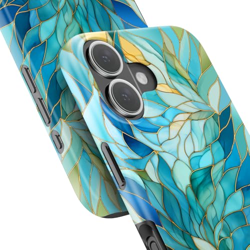 Image of Goodon for iPhone 16 Plus Case Cute - Wireless Charging Compatible - Dual-Layer Hard Shell + Silicone Cover - Protective Phone Case with Trendy Designs for Women - Blue Leaves Flower