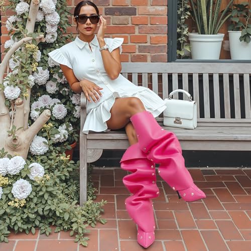 KaroNairy Knee High Boots for Women Pointed Toe Stiletto High Heel Boot Detachable Snap-off Panel Fold Over Fall Shark Boots4