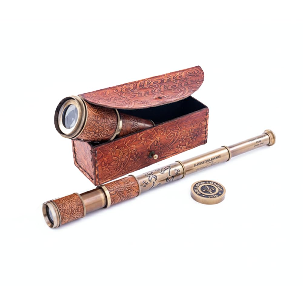 RII - Cristal espía de decoración antigua, telescopio pirata con funda de cuero, telescopio de mano para entusiastas de la aventura, decoración náutica monocular para regalos, viajeros, Dolland