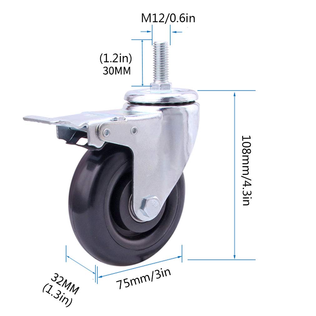 Ruedas de 75 mm/100 mm/125 mm, ruedas giratorias de alta resistencia, perno M12, la carga máxima de una sola rueda es de 120 kg (264 lbs)