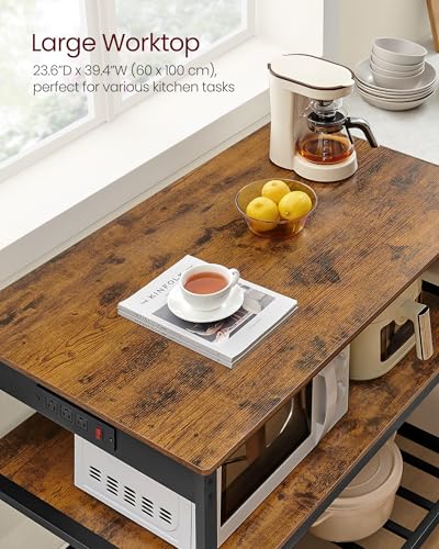 Image of VASAGLE Kitchen Island with 3 Shelves, 39.4 Inches Width Kitchen Shelf with Power Strip, Large Worktop, Stable Steel Structure, Industrial, Easy to Assemble, Rustic Brown and Black UKKI105K01