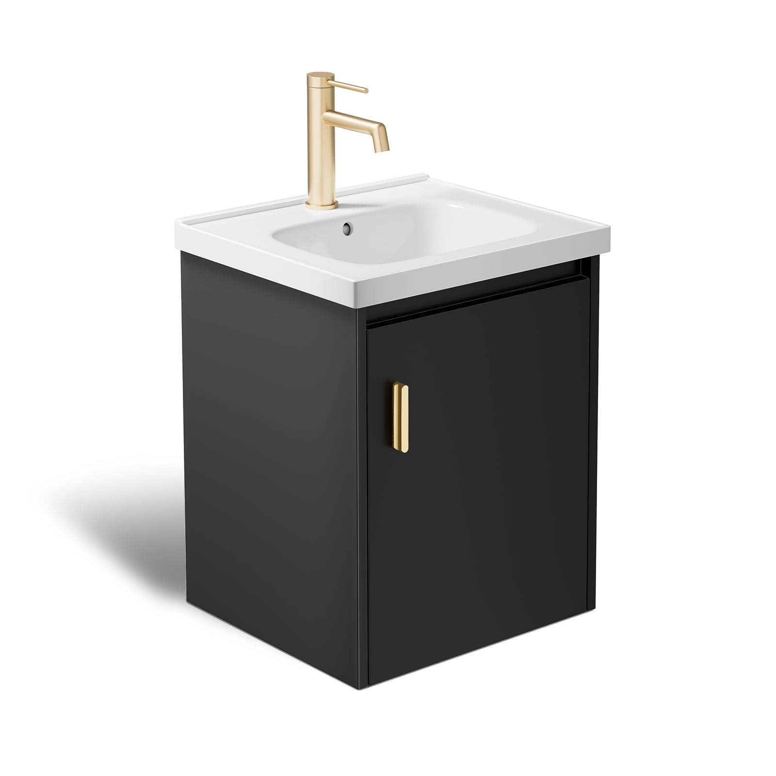 phiestina Pre-Assembled 16 Inch Black Floating Bathroom Vanity for Small Space, Wall-Mounted Small Cabinet with Single Hole Ceramic Sink,Soft-Close Door, No Faucet,BV04-16-BLACK
