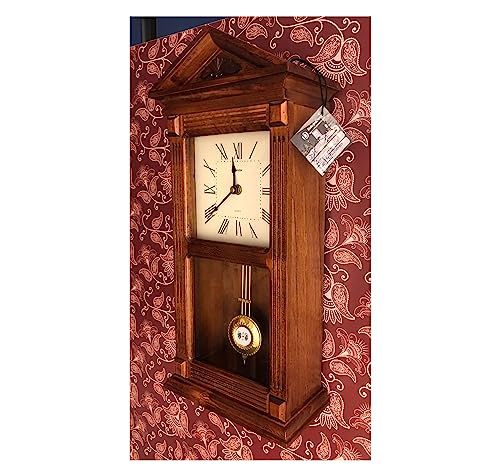 Reloj Pared Madera Nogal, Reloj de Pared de péndulo, Madera y Cristal, 49 cm, Reloj regulador Cuarzo, con soneria, Suena Enteras y despues campanadas