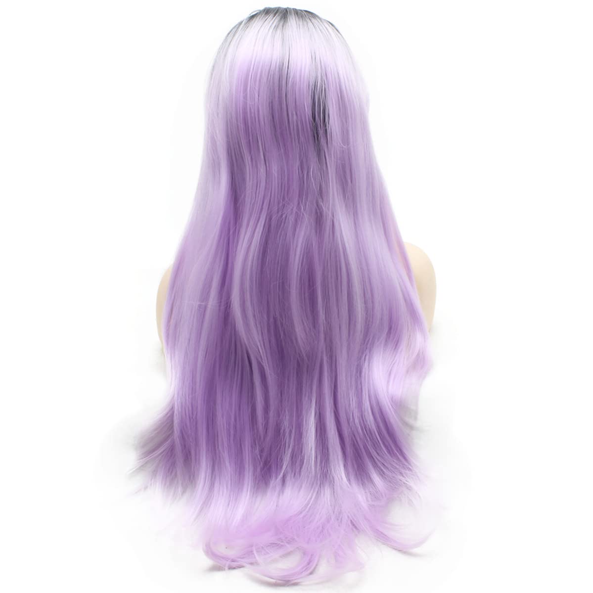 Peakia Long Wavy Black Purple Ombre Two Tone Half Hand Tied Synthetic Lace Front Wig